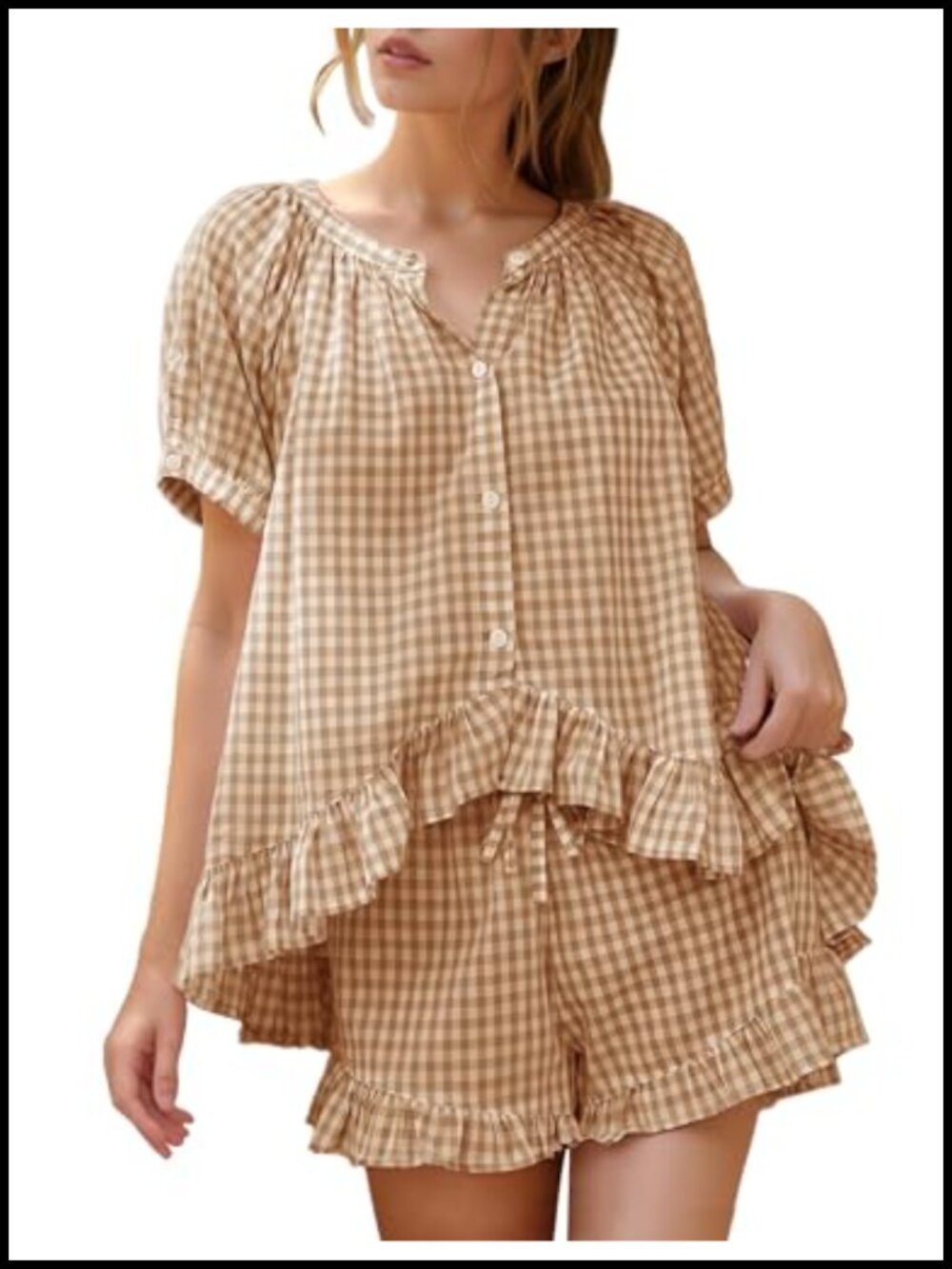 100% Cotton Gingham 2-Piece Pajama Set Lounge Set Puff Sleeve Top